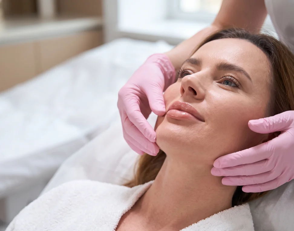 Évaluation du visage d'une patiente avant un traitement injectable