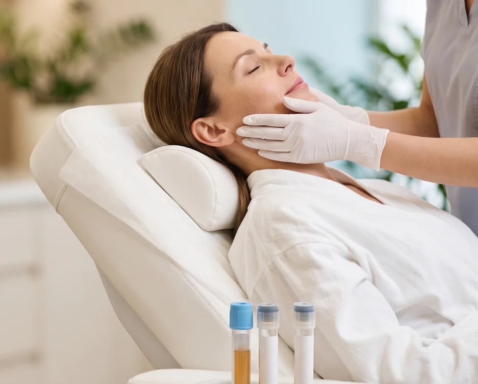 Patiente en traitement PRP avec tubes de plasma au premier plan